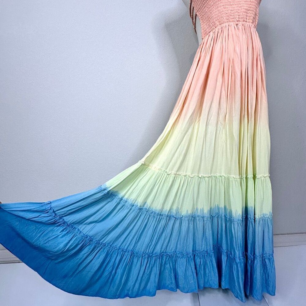 Tiare Hawaii Naia Maxi Dress S/M Peach Yellow Blue Ombre Smocked Boho Beachy - Picture 12 of 13